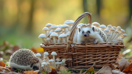 Basket Overflowing with Fresh Edible Mushrooms and a Curious Hedgehogの素材