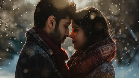 Winter's End: Couple's Emotional Farewell in Snowの素材