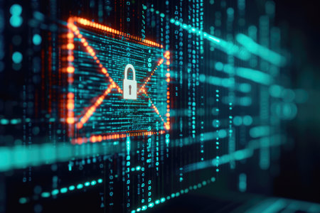 Encrypted Email Security Displayed on Modern Laptop with Binary Codeの素材