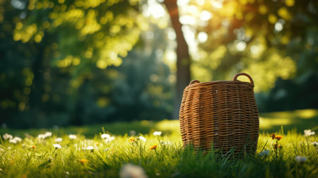 Rustic Wicker Basket Amidst Fresh Green Grassの素材