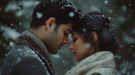 Winter Heartbreak: Couple Stands Apart in Snowy Sceneの素材