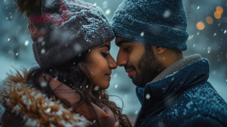 Winter Breakup Scene: Couple Facing Each Other in Snowfallの素材