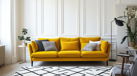 Chic Modern Living Room with Mustard Yellow Sofa and Geometric Accentsの素材