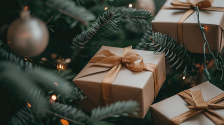 Christmas Tree Surrounded by Glittering Wrapped Giftsの素材