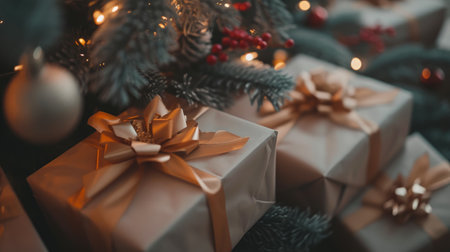 Holiday Packages with Elegant Ribbons Under the Christmas Treeの素材