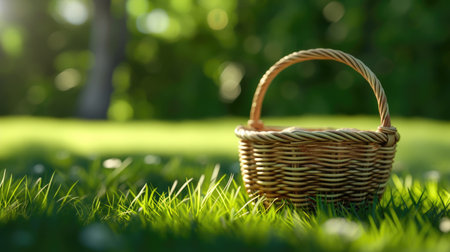 Wicker Basket Resting on Lush Green Grassの素材