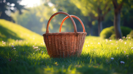 Basket of Natural Wicker on Green Fieldの素材