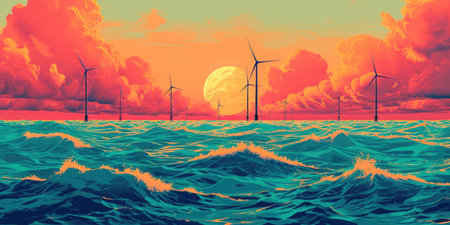 Groovy Offshore Wind Farm in Psychedelic Styleの素材