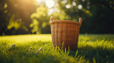 Charming Wicker Basket Placed on the Lawnの素材