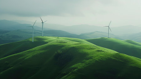 Wind Turbines Powering A Lush Green Hillの素材