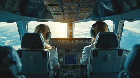 Female Aviators Operating Commercial Jet Cockpitの素材