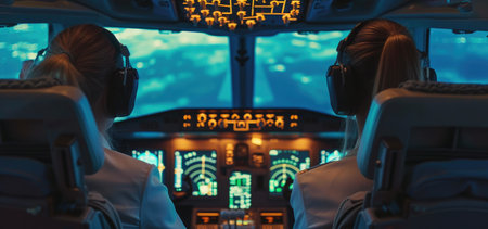 Commercial Airliner Cockpit View, Female Crewの素材