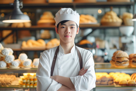 Young Asian Baker Smiling in Bakeryの素材