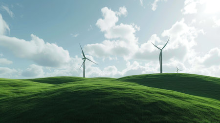 Scenic View of Wind Turbines on Verdant Hillの素材