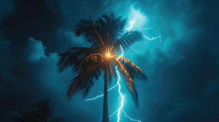 Close-Up of Lightning Hitting Palm Tree at Nightの素材