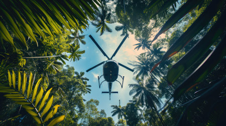 Aerial View of Helicopter Landing in Jungleの素材