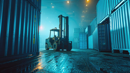 Blue Forklift Managing Container for Truck Deliveryの素材