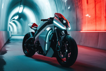 Electric Motorcycle in High-Contrast Tunnel Lightingの素材