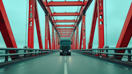 Scenic View of Gray Truck on Red Bridgeの素材