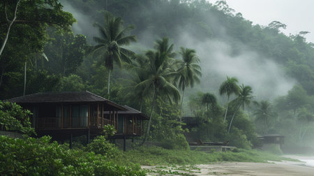 Serene Beach Cabins Amidst Greenery and Ocean Breezeの素材
