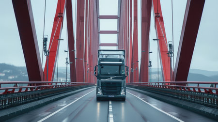 Gray Truck Driving Across Vibrant Red Bridgeの素材