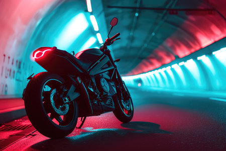 Electric Motorcycle Highlighted by Tunnel's Striking Lightsの素材