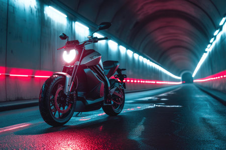 Futuristic Electric Motorcycle in Illuminated Tunnel Sceneの素材