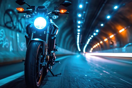 Sleek Electric Motorcycle Captured in Dramatic Tunnelの素材