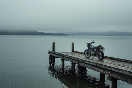 Quiet Lakeside Scene with Electric Bike and Gray Cloudsの素材