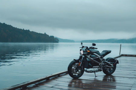 Modern Electric Motorcycle Resting on a Serene Pierの素材