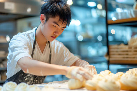 Baker in Modern Pastry Shop with Radiant Glowの素材