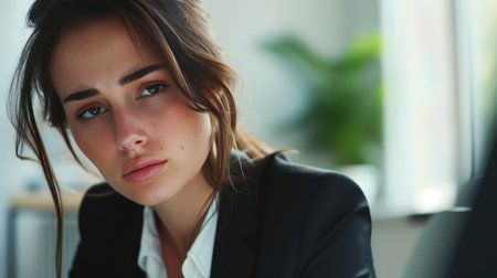 Tearful Businesswoman in Stylish Office Attire, Close-Up of Sadnessの素材