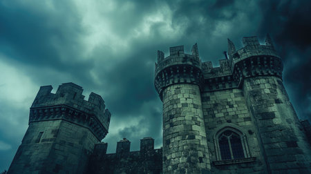 Foreboding Castle Ruins Under a Chilling Cloudy Skyの素材