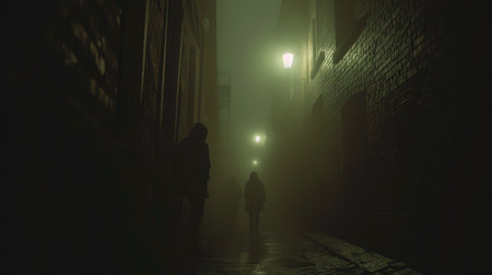 Dimly Lit Alley Filled with Sinister Fog and Shadowsの素材