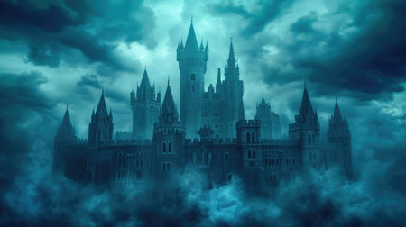 Twilight Castle with Dark Towers and Eerie Cloud Patternsの素材