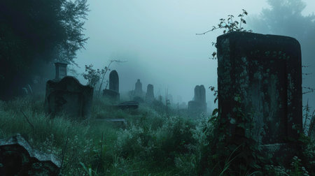 Ghostly Graveyard at Dawn, Overrun with Nature and Spiritsの素材