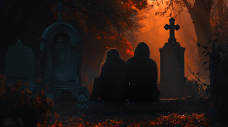 Haunting Presence by a Tombstone, Spooky Orange Backdropの素材