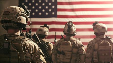 Team Posing Proudly with American Flagの素材