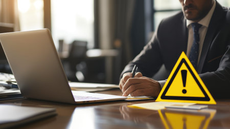 Close-Up of Warning Sign Over Blurred Typing Professionalの素材