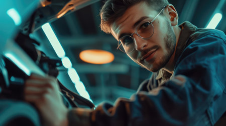Mechanic at Work: Smiling Technician in Modern Auto Shopの素材