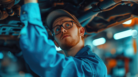 Professional Mechanic: Smiling Technician Working on Vehicleの素材