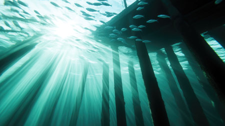 Sun-Drenched Pier Enveloped by a Fish Shoalの素材