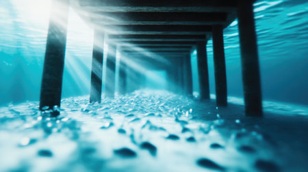 Underwater Pier and Fish Swirling in Sunlit Watersの素材