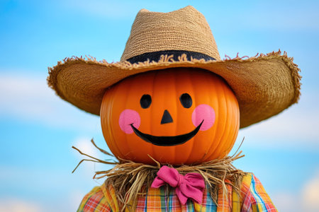 Cheerful Scarecrow with Pumpkin Head in Farm Outfitの素材