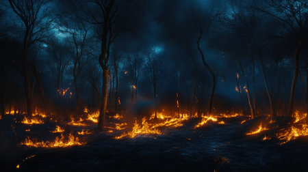 Destructive Flames Engulf Forest at Nightの素材