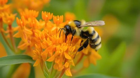 Pollinating Bee on Yellow and Orange Springtime Flowersの素材