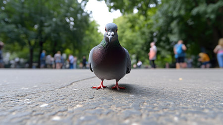 Urban Pigeon Examining Park Pavement Closelyの素材