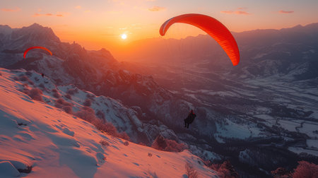 Two Paragliders Soaring Over Snowy Peaksの素材