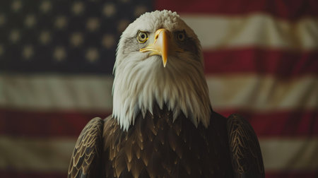 Eagle Close-Up with American Flag Blurred Behindの素材