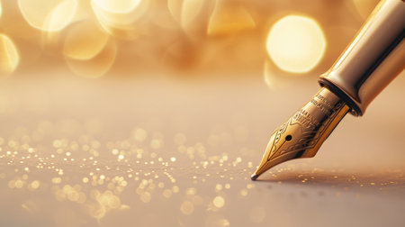 Stylish Fountain Pen and Paper with Soft Bokeh and Gold Tonesの素材